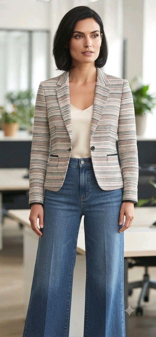 Tommy Hilfiger Tweed Linen Cotton Blazer Striped Size 8 Satin Lined One Button
